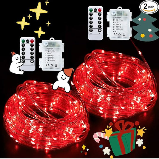 JMEXSUSS 2 Pack Red String Lights Battery Operated Rope Lights Outdoor, Total 200LED 8 Mode Christmas Light with Remote/Timer, Red Outdoor Light for Garden Tree Yard Valentines Day Decorations