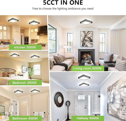 Square Ceiling Light Fixture - 36W 3000K/3500K/4000K/5000K/6000K Adjustable Flush Mount Led Light for Bathroom Bedroom Kitchen Hallway (2 Pack Black(5CCT), 12 Inch)