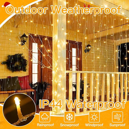 Ollny Christmas Curtain Lights 300 LED 9.8 FTx9.8 FT, Outdoor Waterproof Curtain String Lights with Remote Timer 8 Modes, USB Waterfall Window Lights for Wall Backdrop Home Decorations (Warm White)