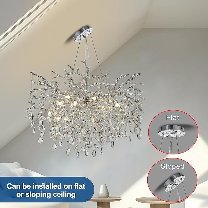 Modern Crystal Tree Branches Chandelier, 30in Silver 10 Lights Large Ceiling Hanging Light for Dining Room, Round Raindrop Pendant Light Fixture