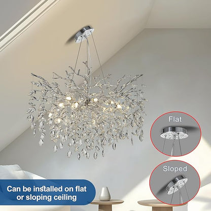 Modern Crystal Tree Branches Chandelier, 30in Silver 10 Lights Large Ceiling Hanging Light for Dining Room, Round Raindrop Pendant Light Fixture