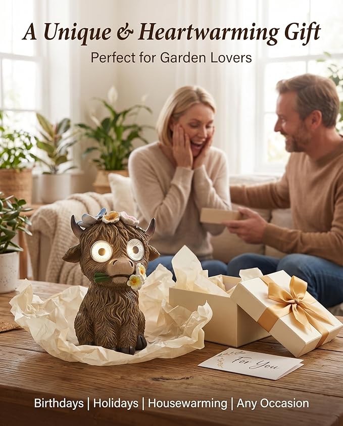 iStatue Solar Highland Cow Garden Statue with LED Light – Cute Resin Cow Figurine Outdoor Yard Decor, Waterproof Lawn Ornament, Gift for Women Mom Garden Lovers (4-Pack)