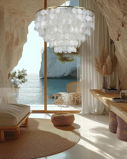 5 Tier Shell Capiz Chandelier, H16'' x D24'' Natural Shell Hanging Ceiling Light Fixtures Seashell Coastal Chandeliers for Living Room(More Additional Shell Parts Included) Gold
