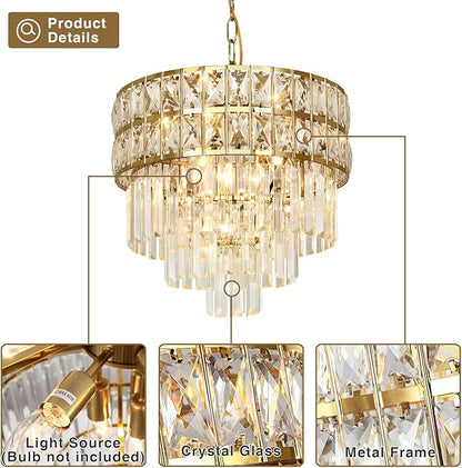 Modern Crystal Chandelier Gold Pendant, Round Crystal Light Fixture Hanging Lamp, for Dining Room, Restaurant, Hallway, Balcony, Φ15.7 inch
