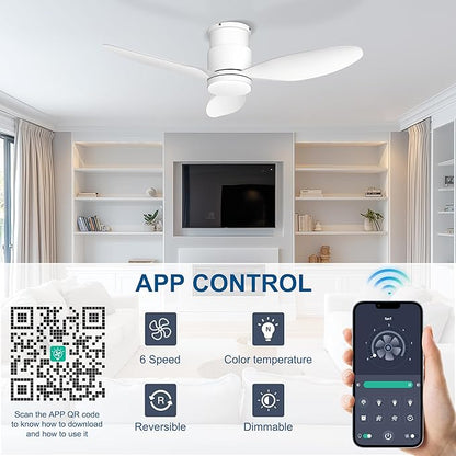 Ohniyou 42'' Flush Mount Ceiling Fans with Lights, Remote/App Control, Dimmable, Silent Indoor/Outdoor Ceiling Fan for Porch, Bedroom, Kitchen, White