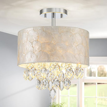3-Light Capiz Shell Crystal Drum Ceiling Light, Coastal Style Close to Ceiling Light Fixture for Dining Room, Living Room & Bedroom, D12 * H14 inch, Shell Lampshade & Chrome Finish
