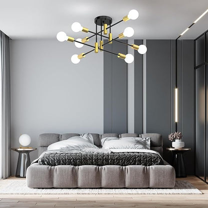 Modern Sputnik Chandelier Ceiling Light Fixture, 8-Light Mid Century Industrial Semi Flush Mount Light for Dining Room, Kitchen Island, Bedroom, Living Room, Matte Black and Gold, Adjustable Arms