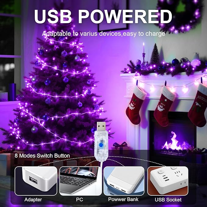 1Pack USB Plug in Fairy String Lights,16ft 50 LED Copper with Remote and Timer, 8 Modes Waterproof Twinkle String Lights Battery Powered for Bedroom Indoor Party Wedding Christmas Decoration (Purple)