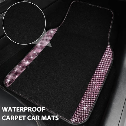 CAR PASS Bling Diamond Car Floor Mat Shining Rhinestones Carpet, Sparkly Glitter Crystal Anti-Slip PVC Heel Pad Automotive Universal Fit for SUV Sedan Car Van, 4pcs for Girl Cute Women, Black Pink