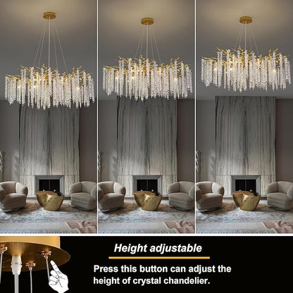 Tree Branches Chandeliers Luxury Round Raindrop Crystal Pendant Light 15 Lights Tassel Ceiling Hanging Light for Dining Room Bedroom Living Room Entryway 39.5" Gold