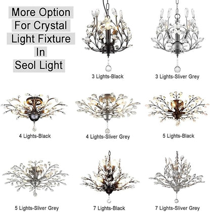 SEOL-Light 24.5" Dia 4-Light Vintage Crystal Branch Close to Ceiling Light Fixture Black Chandelier Flush Mount,E12,160W,for Bedroom,Kitchen,Living Room;