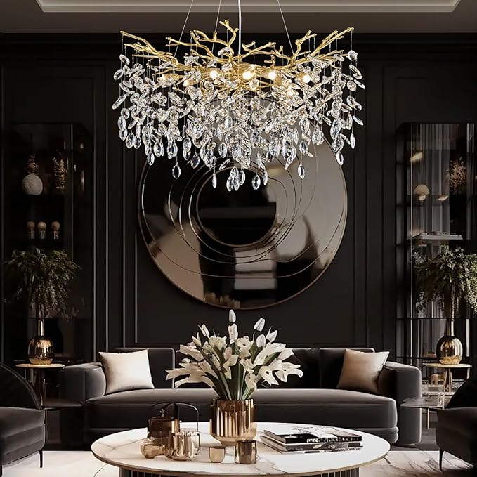 Modern Gold Chandelier Light Fixtures - Dia 31.5 inches Luxury Crystal Chandelier Lighting, Large Kitchen Light Fixture, Led Branch Crystal Chandeliers for Dining Room, Bedroom, Living Room