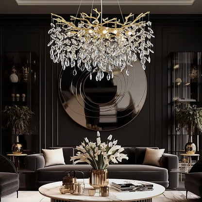 Modern Gold Chandelier Light Fixtures - Dia 31.5 inches Luxury Crystal Chandelier Lighting, Large Kitchen Light Fixture, Led Branch Crystal Chandeliers for Dining Room, Bedroom, Living Room