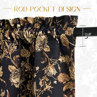 StangH Luxury Floral Printed Valance for Kitchen Window, Light Blocking Rod Pocket Velvet Drape Gold Scalloped Tier Curtain for Bedroom Living Room, W52 x L18, 1 Panel