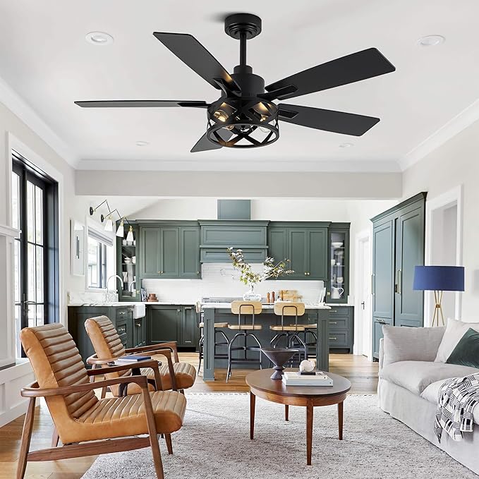 52" Farmhouse Ceiling Fan with Lights and Remote,Ceiling Fan with Caged Rustic Light Fixture,Reversible DC Motor,5 Double Finish Wood Blades for Patio,Living Room,Dining Room,Bedroom