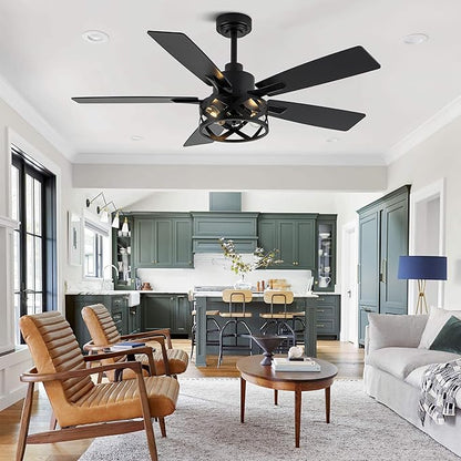 52" Farmhouse Ceiling Fan with Lights and Remote,Ceiling Fan with Caged Rustic Light Fixture,Reversible DC Motor,5 Double Finish Wood Blades for Patio,Living Room,Dining Room,Bedroom