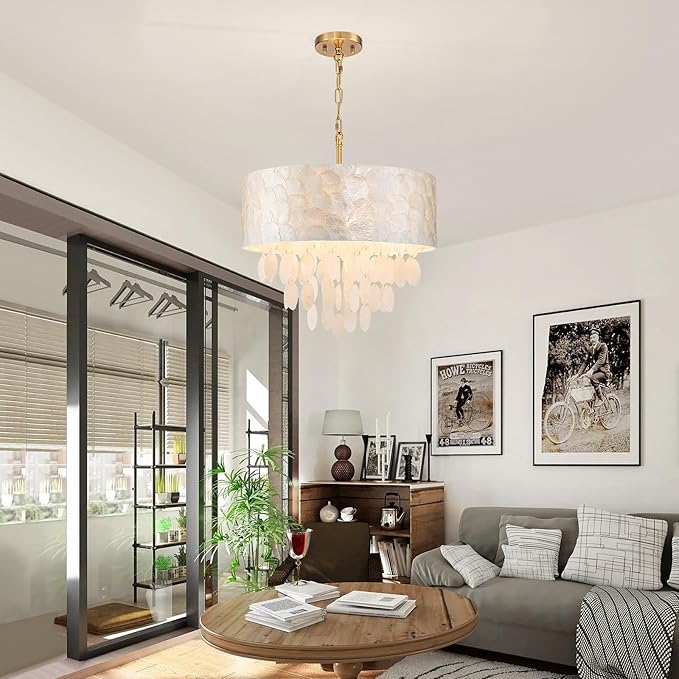 LumFurn 4-Light Drum Capiz Shell Chandeliers, Coastal Style Pendant Light Fixture for Dining Room, Living Room, D18 x 21~68"(Adjustable Height), Shell Lampshade & Gold Finish