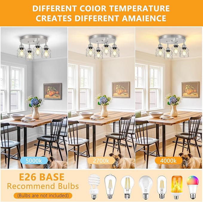 Baocuz 4-Light Brushed Nickel Kitchen Light Fixtures, Modern Hallway Light Fixtures Ceiling, Adjustable Multi-Directional Indoor Silver Metal Cage Close to Ceiling Lights for House Bedroom