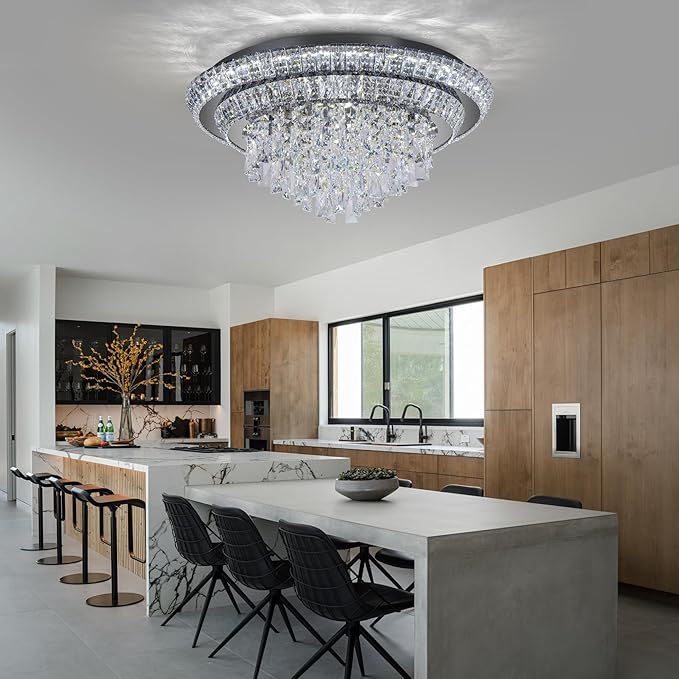 24 inch Crystal Flush Mount Black Chandelier, Modern Raindrop LED Ceiling Light, 3CCT Dimmable & Brightness Adjustable,Remote/APP ,Elegant Chandeliers for Bedroom Hallway Dinning Room Living Room