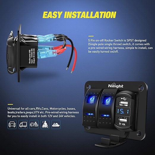 Nilight - 90116C 2 Gang Rocker Switch Panel with 4.8 Amp Dual USB Charger Voltmeter Waterproof 12V-24V DC Rocker Switch with Night Glow Stickers for CarsTrucks Boats RVs,Blue