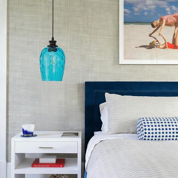 Blue Plug in Pendant Light Hand Blown Glass Shade Textured for Rippled Glow Dimmable Switch 16.4 Ft Cord E26 Base for Bedroom Office Nursery Indoor Outdoor Lighting