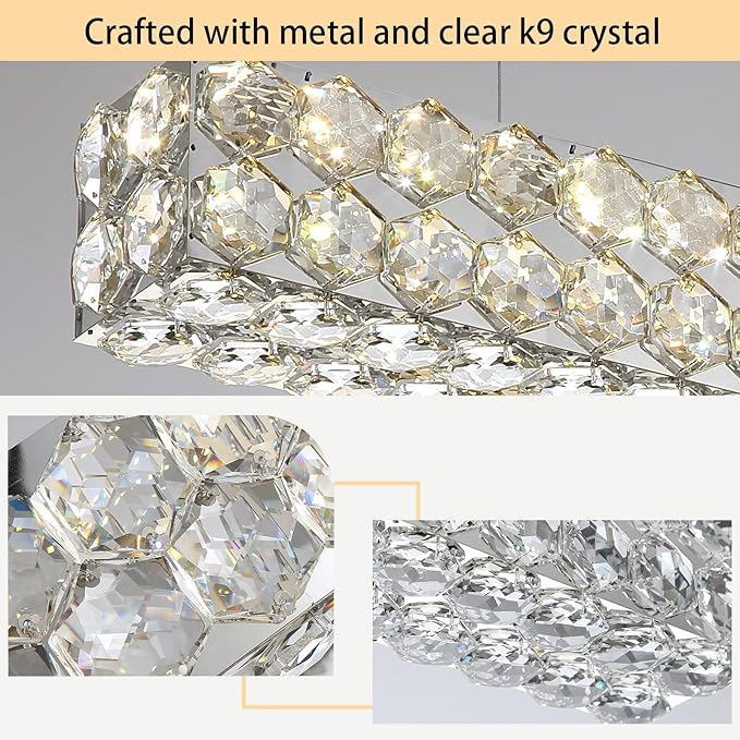 24'' Modern Crystal Chandelier for Dining Room Ceiling Light Fixture for Living Room Hallway Lighting LED Dimmable with Remote Silver