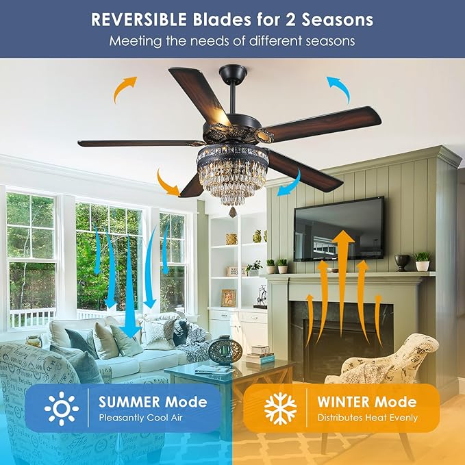 Asyko 62" Crystal Ceiling Fan Fandelier with Lights - Black Modern Crystal Chandelier Fans with Remote Control，Noiseless DC Motor, Retro/Farmhouse Lighting, Dining Room， Living Room