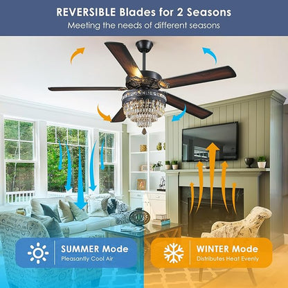 Asyko 62" Crystal Ceiling Fan Fandelier with Lights - Black Modern Crystal Chandelier Fans with Remote Control，Noiseless DC Motor, Retro/Farmhouse Lighting, Dining Room， Living Room