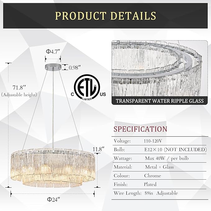 Modern 24” Chrome Chandeliers 10-Light Crystal Glass Round Chandelier Luxury Drum Ceiling Pendant Light Fixtures 2 Tiers Hanging Lighting for Dining Room Foyer Living Room Bedroom