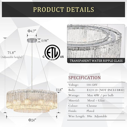 Modern 24” Chrome Chandeliers 10-Light Crystal Glass Round Chandelier Luxury Drum Ceiling Pendant Light Fixtures 2 Tiers Hanging Lighting for Dining Room Foyer Living Room Bedroom