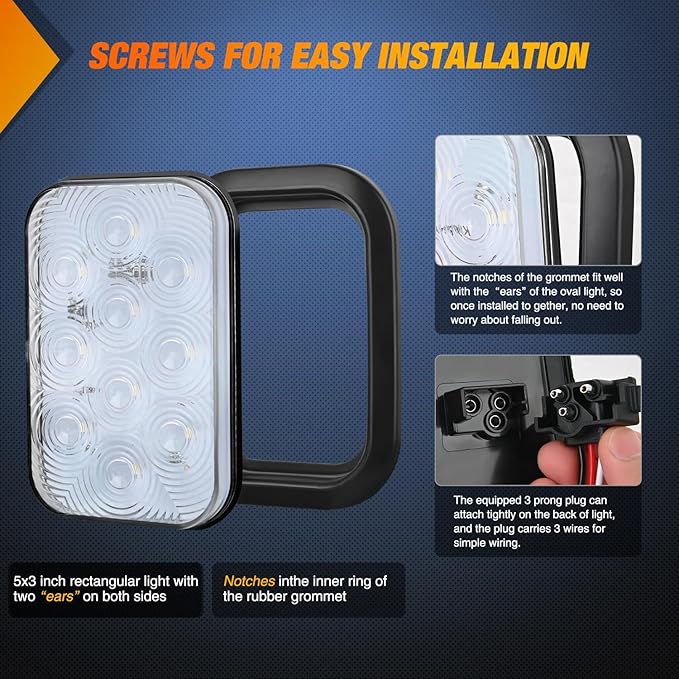 Nilight 5” X 3” Rectangular Trailer Tail Light 2 PCS White 10 LED Back Up Reverse Lights w/Flush Mount Grommets Plugs IP67 Waterproof for 12V Truck ATV UTV Bus RV Camper