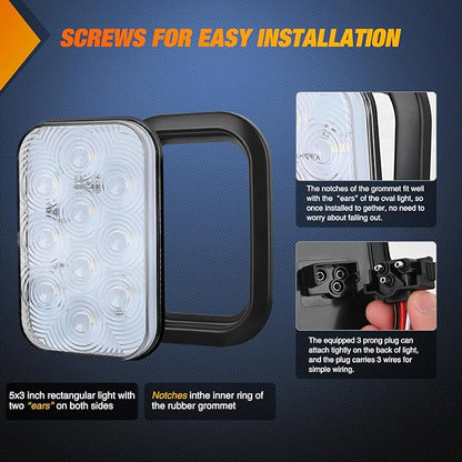 Nilight 5” X 3” Rectangular Trailer Tail Light 2 PCS White 10 LED Back Up Reverse Lights w/Flush Mount Grommets Plugs IP67 Waterproof for 12V Truck ATV UTV Bus RV Camper