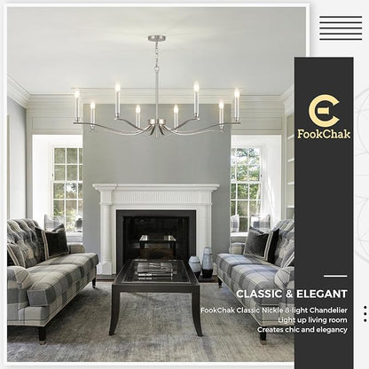 Nickel Chandeliers for Dining Room, 8-Light Chandelier Light Fixture Over Table Modern Candle Chandelier 44in Master Bedroom Chandeliers Lighting for Entry Foyer Bathtub Living Room