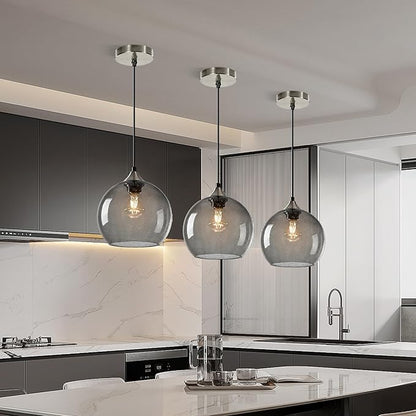 Large Light Grey Glass Pendant Light for Kitchen Island, Includes 3 Bulbs & 4.92FT Adjustable Cord, Modern Pendant Lighting Fixtures for Kitchen, Dining Room, Living Room(9.1in)