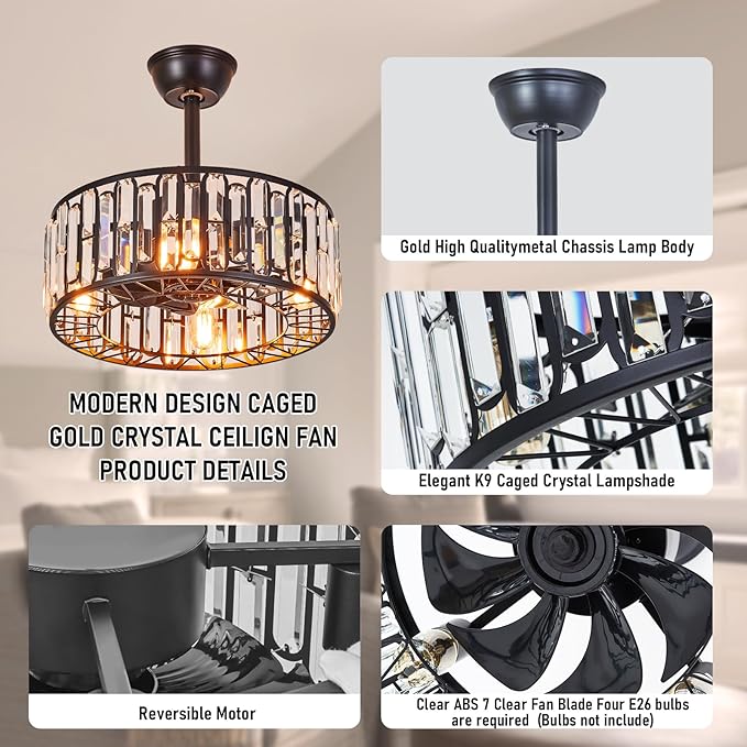 18.2" Modern Crystal Ceiling Fan with Light Black Crystal Fandelier Light Caged Ceiling Fan Light with Remote Reversible Industrial Chandelier Fan for Bedroom Living Room Dining Room Entry foryer