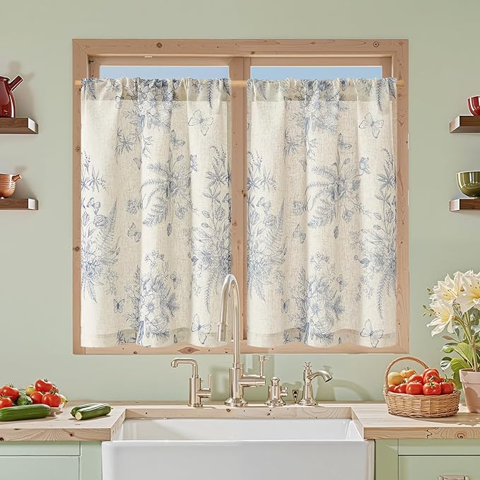 jinchan Half Window Curtains Small Drapes for Kitchen 36 Inch Rustic Floral Tier Curtains Farmhouse Butterfly Cafe Small Window Treatment for Dining Room Bathroom 2 Panels Blue on Beige