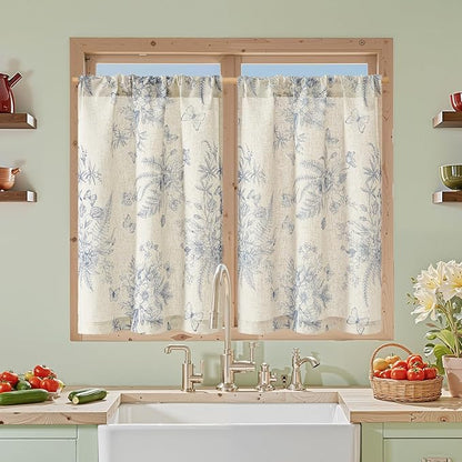 jinchan Half Window Curtains Small Drapes for Kitchen 36 Inch Rustic Floral Tier Curtains Farmhouse Butterfly Cafe Small Window Treatment for Dining Room Bathroom 2 Panels Blue on Beige