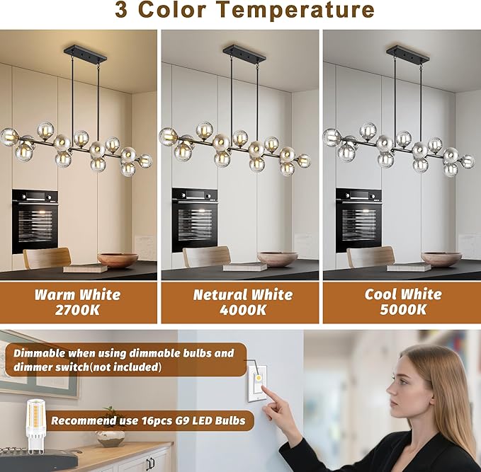 Chandelier,16-Light Black Linear Chandeliers for Dining Room Light 55inch Modern Linear Sputnik Chandelier Large Pendant Lights Kitchen Island Bubble Smoke Gray Glass Globe Kitchen Island Chandelier