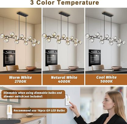 Chandelier,16-Light Black Linear Chandeliers for Dining Room Light 55inch Modern Linear Sputnik Chandelier Large Pendant Lights Kitchen Island Bubble Smoke Gray Glass Globe Kitchen Island Chandelier