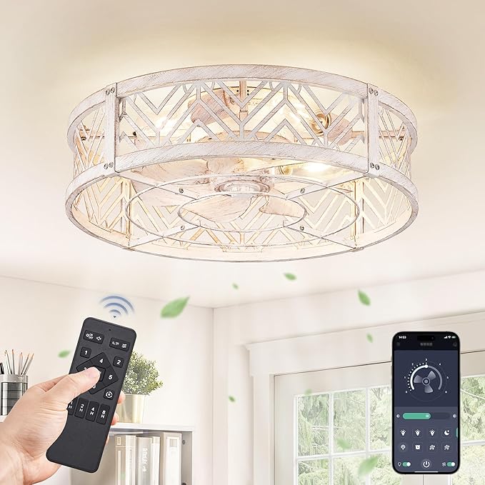 LEDIARY 20" Caged Ceiling Fan with Light, Small Flush Mount Ceiling Fan with App&Remote, Low Profile Bladeless Ceiling Fan Light Fixture 6 Speed, Reversible and Quiet Motor-White Gold