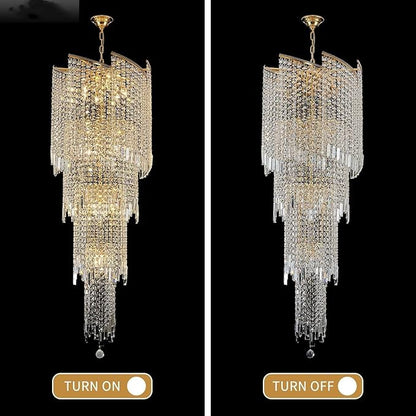 Modern Crystal Chandelier Gold Spiral Chandeliers for Dining Room, 4 Tiers Ceiling Pendant Light Fixtures, Golden Large Raindrop Chandelier for Foyer Living Room Entryway Staircase, H62 x D21.6