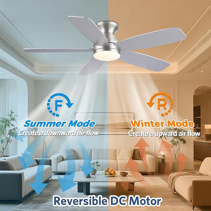 JSAITEE Flush Mount Low Profile Ceiling Fan, 48in Modern Ceiling Fan with Remote, 1/2/4 Timer, 5 Blades Reversible, 3CCT LED Dimming, Indoor Fan for Bedroom, Kitchen - Nickel