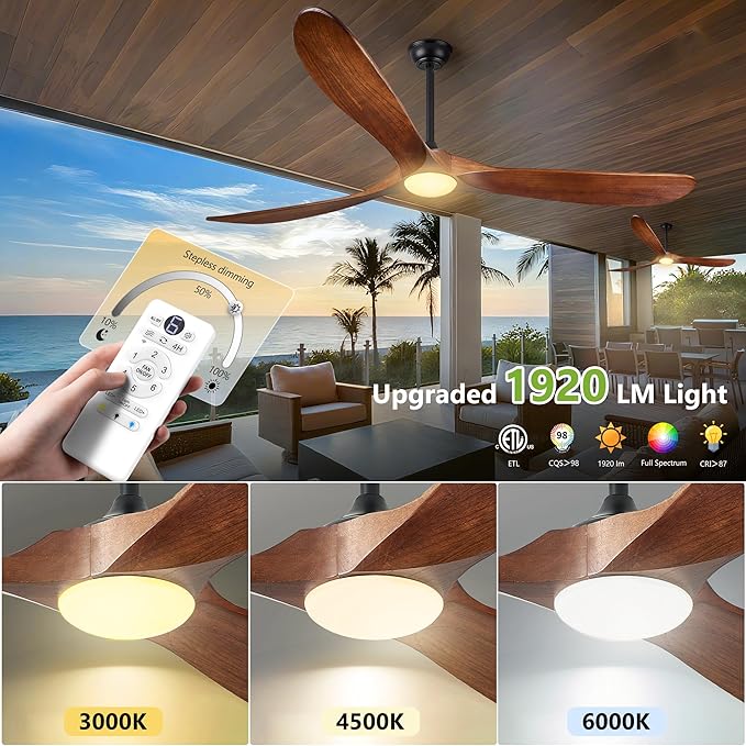 52 Inch Ceiling Fans with Lights and Remote Control, Outdoor Ceiling Fan with Light Solid Wood 3 Blade Propeller Ceiling Fan, Quiet High CFM Damp Rated Outdoor Fan for Patios Farmhouse, Dark Walnut