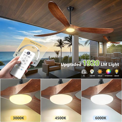 52 Inch Ceiling Fans with Lights and Remote Control, Outdoor Ceiling Fan with Light Solid Wood 3 Blade Propeller Ceiling Fan, Quiet High CFM Damp Rated Outdoor Fan for Patios Farmhouse, Dark Walnut