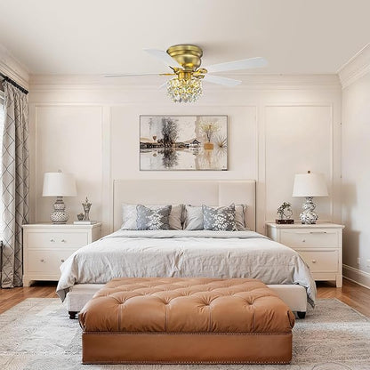 48" Crystal Ceiling Fan with Light and Remote, Brass Flush Mount Chandelier Ceiling Fan, 5-Blade Quiet Reversible AC Motor, Vintage Crystal Fandelier for Living Room Bedroom Dining Room