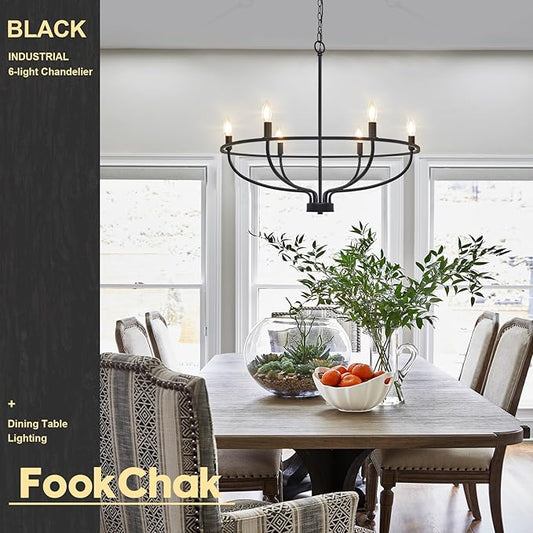 Black Dining Room Light Fixture, 6-Light Farmhouse Black Chandelier for Bedroom Metal Candle Chandeliers Hanging Lighting for Kitchen Living Room Entryway Foyer, 28.54in