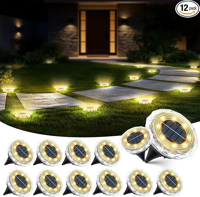 echosari Solar Ground Lights 12 Pack, Upgraded Solar Garden Lights Auto ON/Off Landscape Lighting Outdoor In-Ground Lights Waterproof Long Lasting for Pathway Walkway Patio (Warm White)