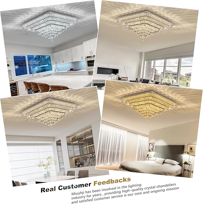 Miuyhji Elegant LED Crystal Raindrop Ceiling Light, 30 Inch Square Flush Mount Chandelier with Remote for Living Room Kitchen Island Bedroom Hallway Entryway Foyer (Dimmable)