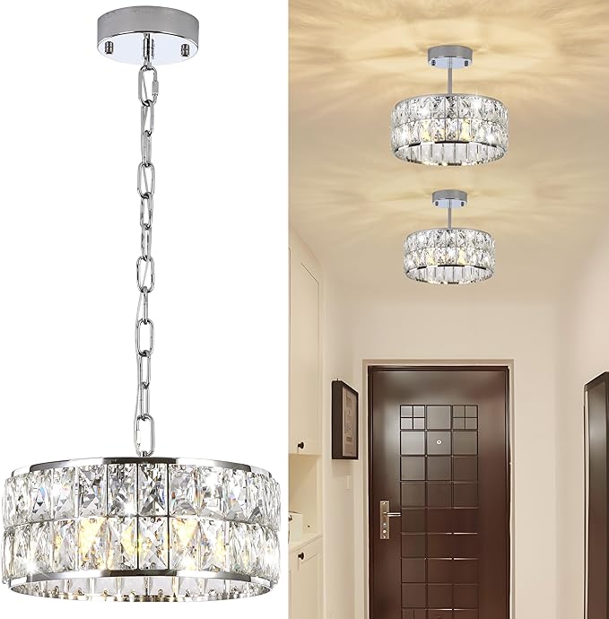 Modern Small Crystal Chandelier, 4-Light Round Pendant with Chrome Finish, Semi-Flush Mount Ceiling Light, 12" Diameter, Chrome Chandelier for Dining Areas, Kitchens & Hallways