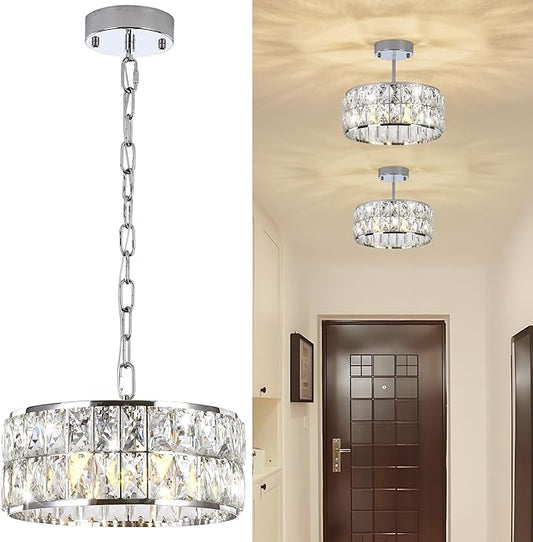 Modern Small Crystal Chandelier, 4-Light Round Pendant with Chrome Finish, Semi-Flush Mount Ceiling Light, 12" Diameter, Chrome Chandelier for Dining Areas, Kitchens & Hallways